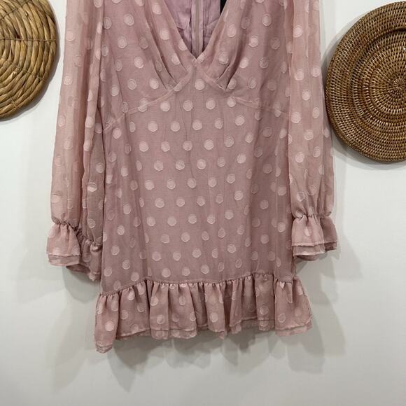 NEW Lulus Pink Just Spotted Polka Dot Jacquard Ruffle Long Sleeve Mini Dress XL - Picture 5 of 7